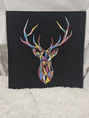 Handmade Upcycled Geometric Multicolor Deer Wall Art on Black Canvas Acrylic Art